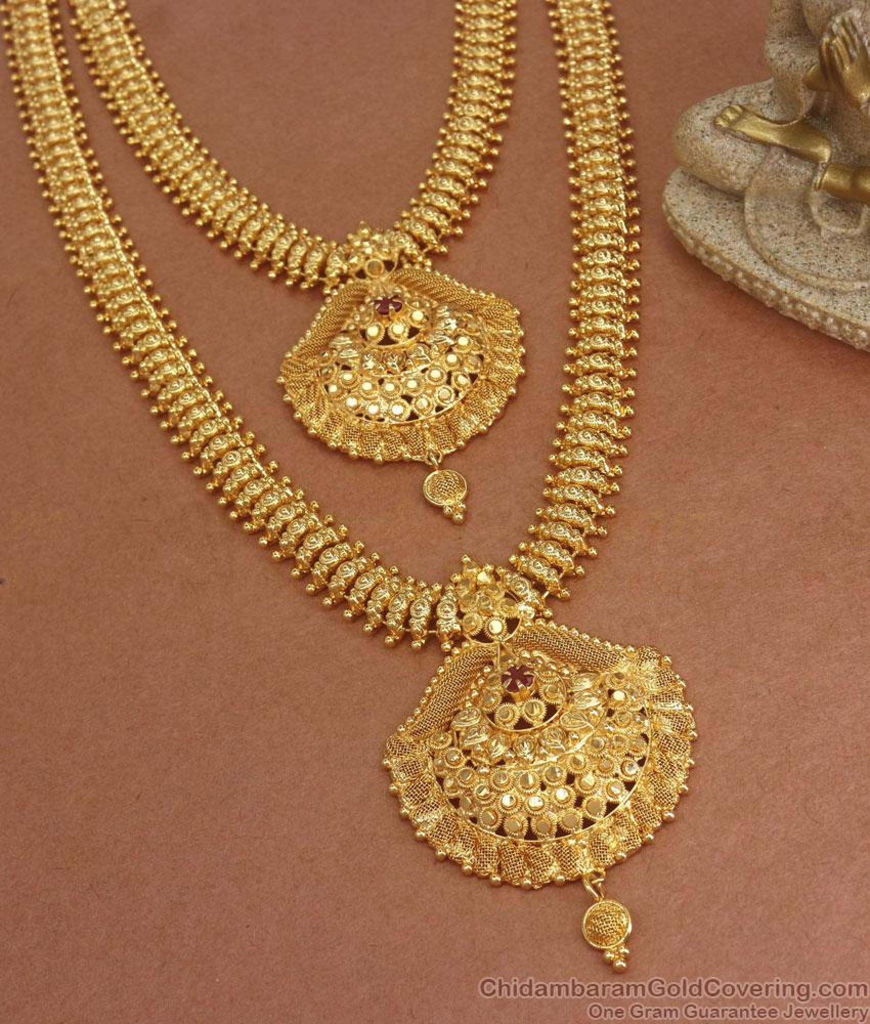 Beautiful Kerala Bridal Mullai Design Gold Plated Haram Necklace Ruby