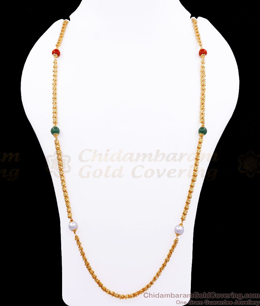 CDAS26-LG 30 Inches Long Ruby Green While Pearl Beads Gold Long Chain Collections