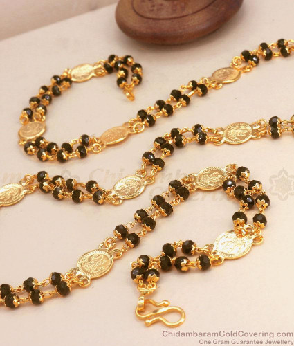 CKMN128 Double Layer Black Beaded Lakshmi Coin Gold Chain