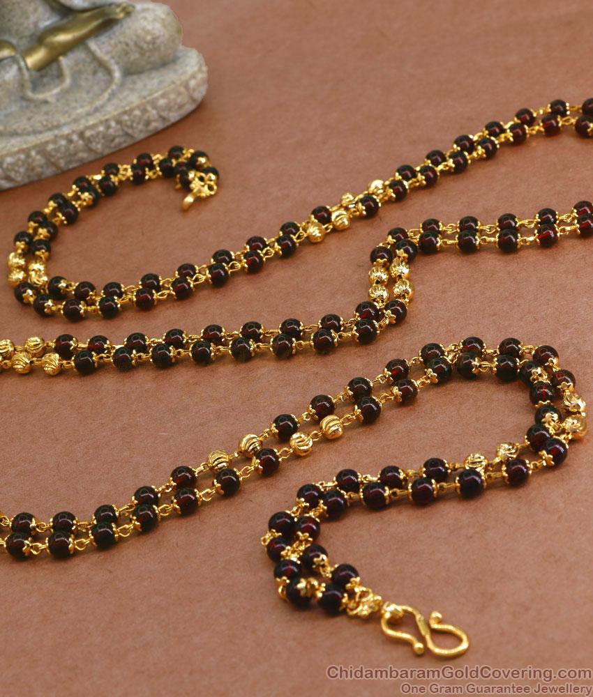 CKMN184-Lg 30 inch Long Pure Gold Tone Double Line Karugamani Chain With Golden Beads