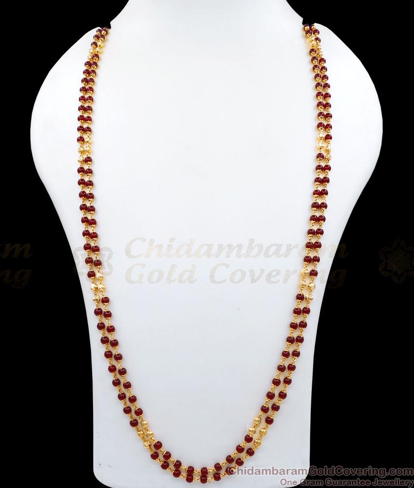 CKMN184-Lg 30 inch Long Pure Gold Tone Double Line Karugamani Chain With Golden Beads