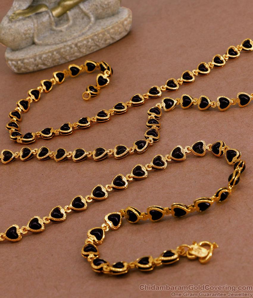 CKMN193-Lg 30 Inch Long Pure Gold Plated Black Pearl Chain Heart Shaped Design