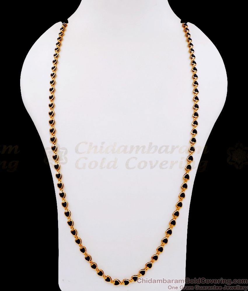 CKMN193-Lg 30 Inch Long Pure Gold Plated Black Pearl Chain Heart Shaped Design