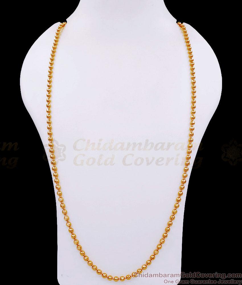 CKMN197-Lg 30 Inch Long Full Gold Tone Plain Golden Beads Chain For Daily Wear