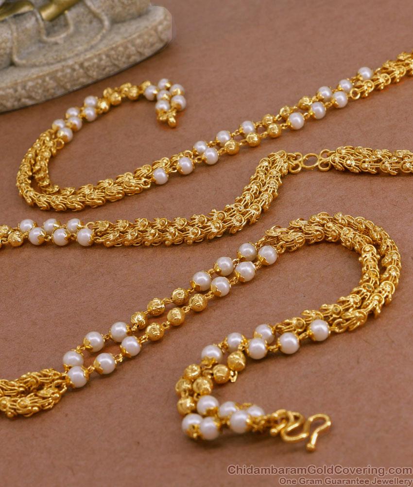 CKMN201-Lg 30 Inch Long Jasmine Design 2 Line Gold Chain With Pearl Beads