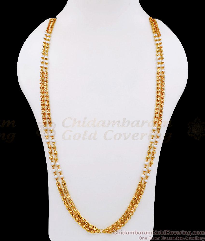 CKMN201-Lg 30 Inch Long Jasmine Design 2 Line Gold Chain With Pearl Beads