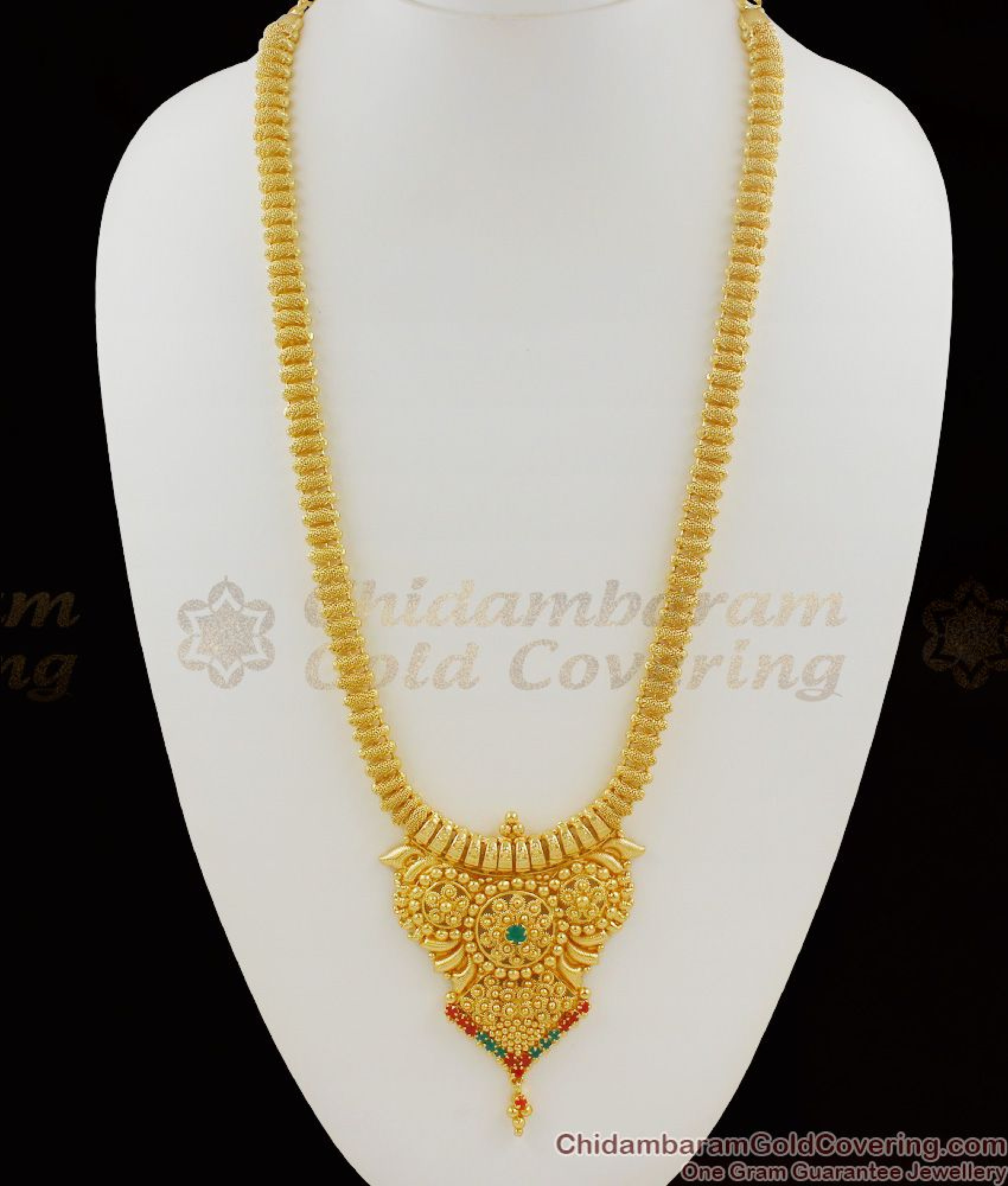 Glorious Ruby Emerald Stone Dollar Chain Gold Plated Haram Collection 