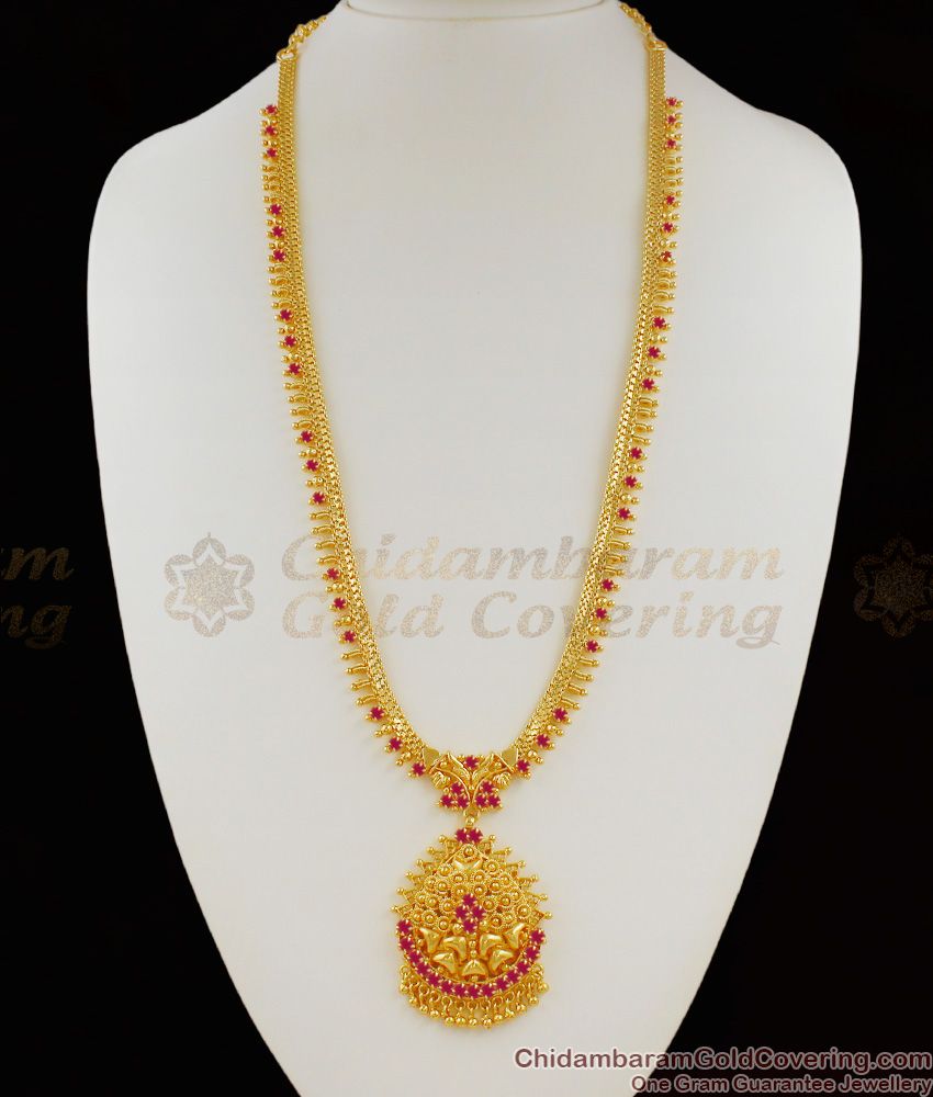 Attractive Bridal Design Ruby Stone Gold Plated Haram Flower Model HR1085