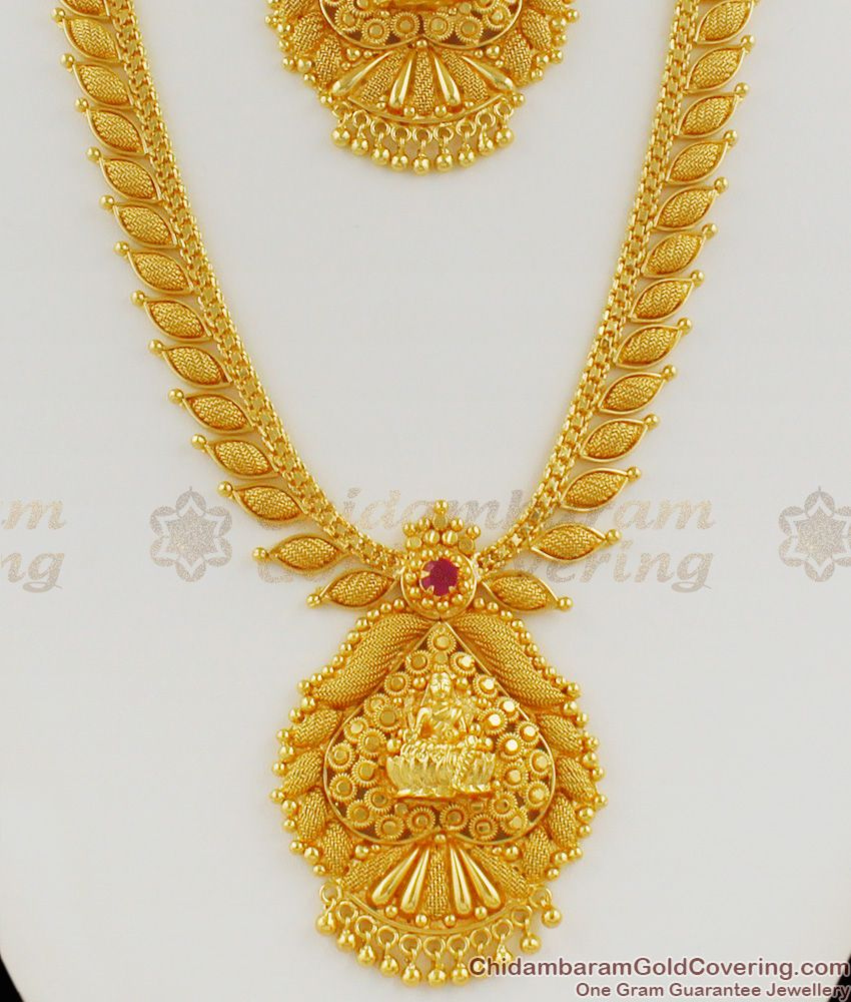 Traditonal Lakshmi Design Net Pattern Gold Haram Necklace With Ruby ...