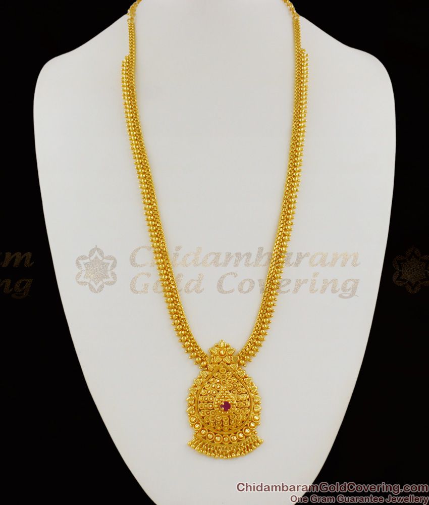 Traditional Dollar Design Long Haram Chain With Ruby Stone And Beads For Ladies HR1144