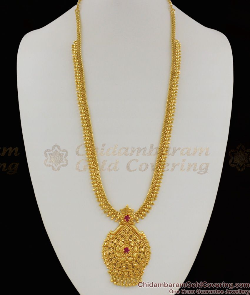 Trendy Gold Plated Ruby Stone Dollar Type Long Haram Mullaipoo Design HR1165