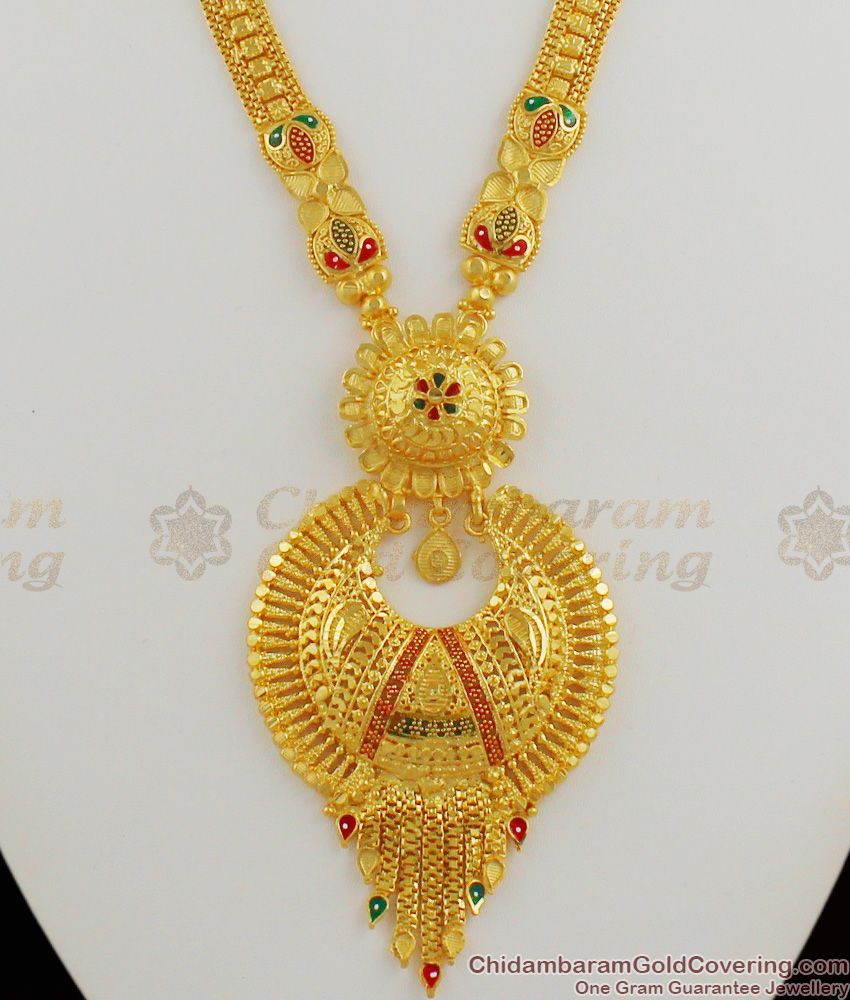 Traditional Grand Calcutta Design Gold Forming Bridal Haram With Earrings Set HR1176