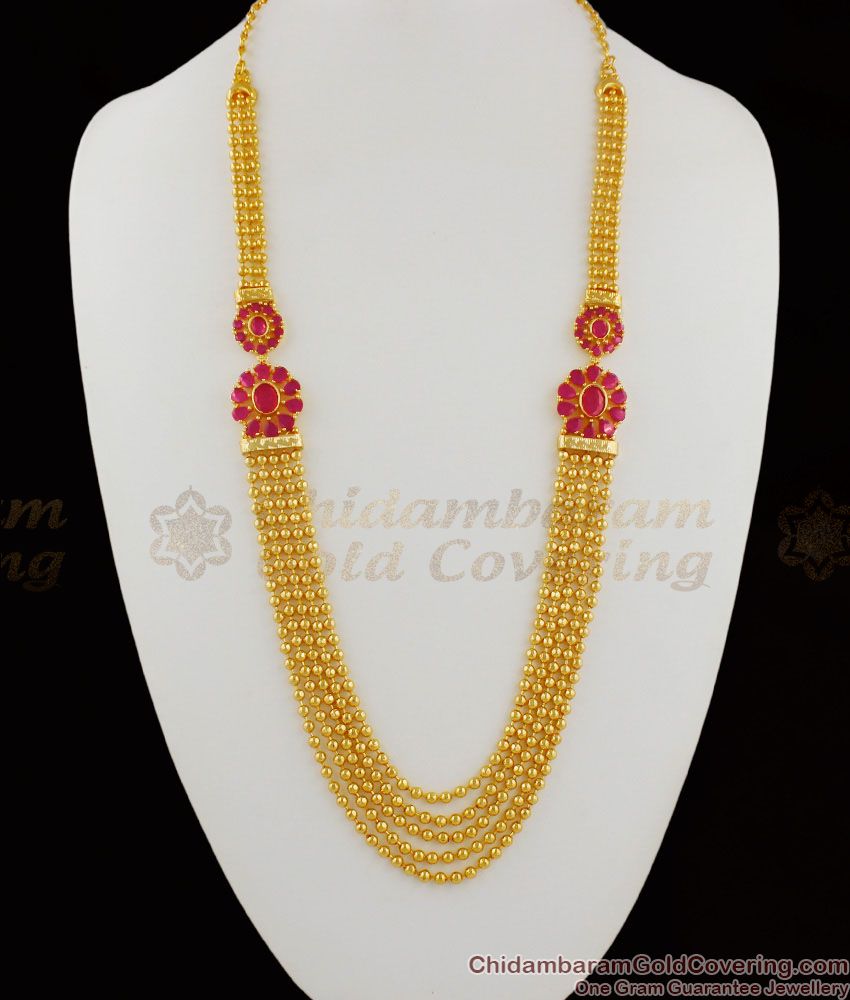 Bridal Gold Haaram Jewellery With Ruby Stone Five Line Chain Collection HR1200