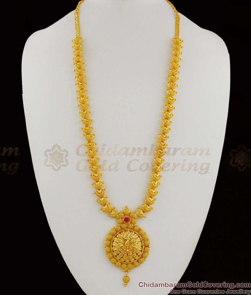 Trendy Leaf Chain Haram Peacock Dollar With Ruby Stone Long Jewellery HR1208