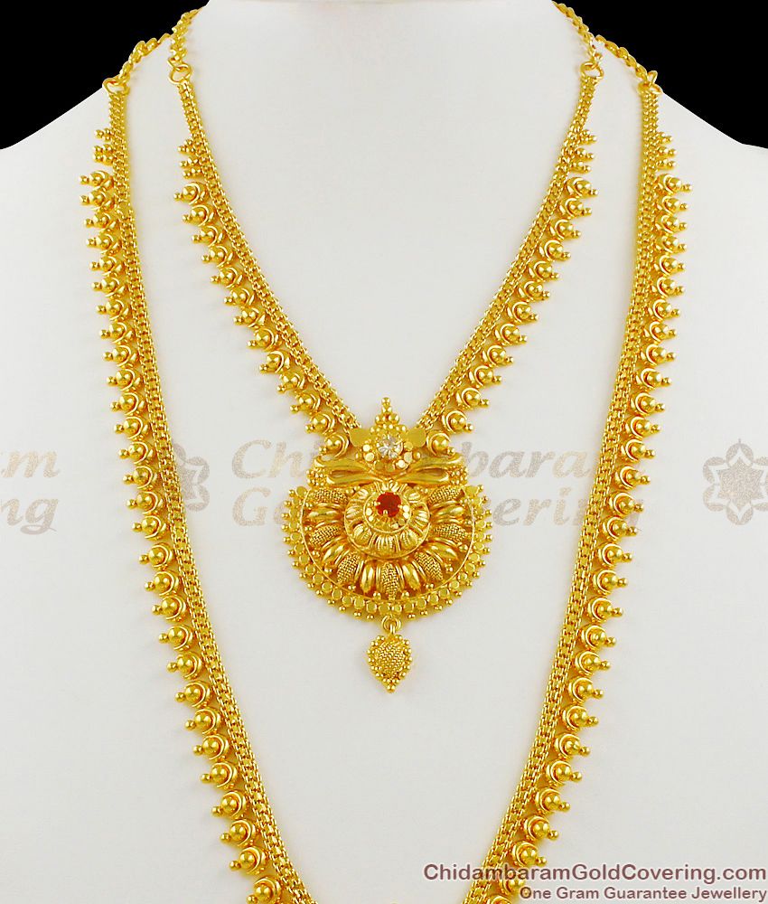 White And Red Stone Kerala Pattern Gold Imitation Haaram Necklace Jewellery HR1276