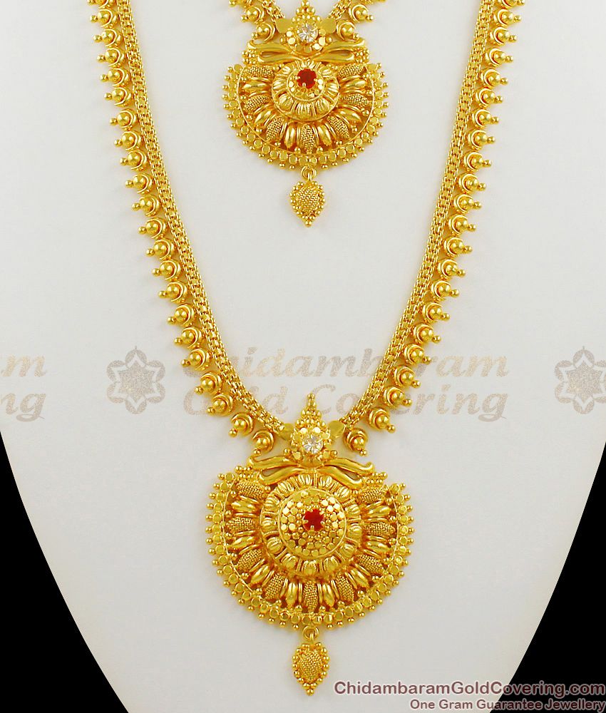 White And Red Stone Kerala Pattern Gold Imitation Haaram Necklace Jewellery HR1276