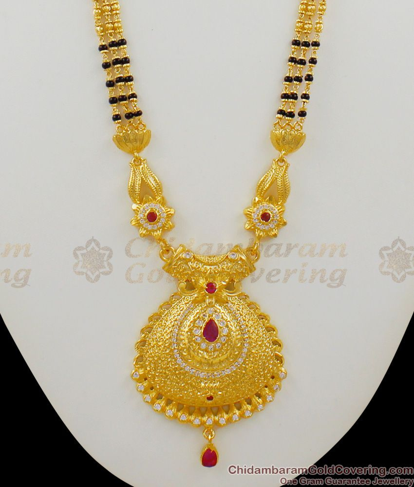 Forming Gold Three Line Mangalsutra Black Beaded Long Thali Chain ...