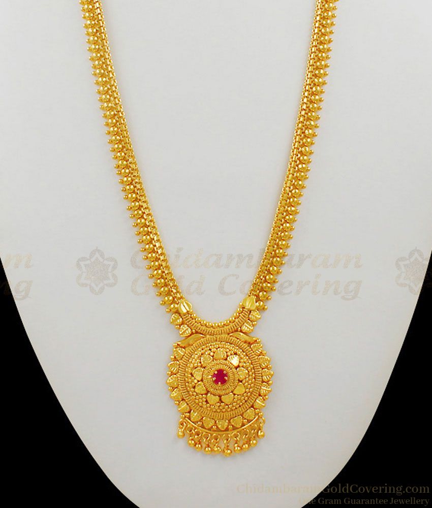 Magnificent One Gram Gold Ruby Stone Beaded Dollar Design Bridal Haaram HR1444