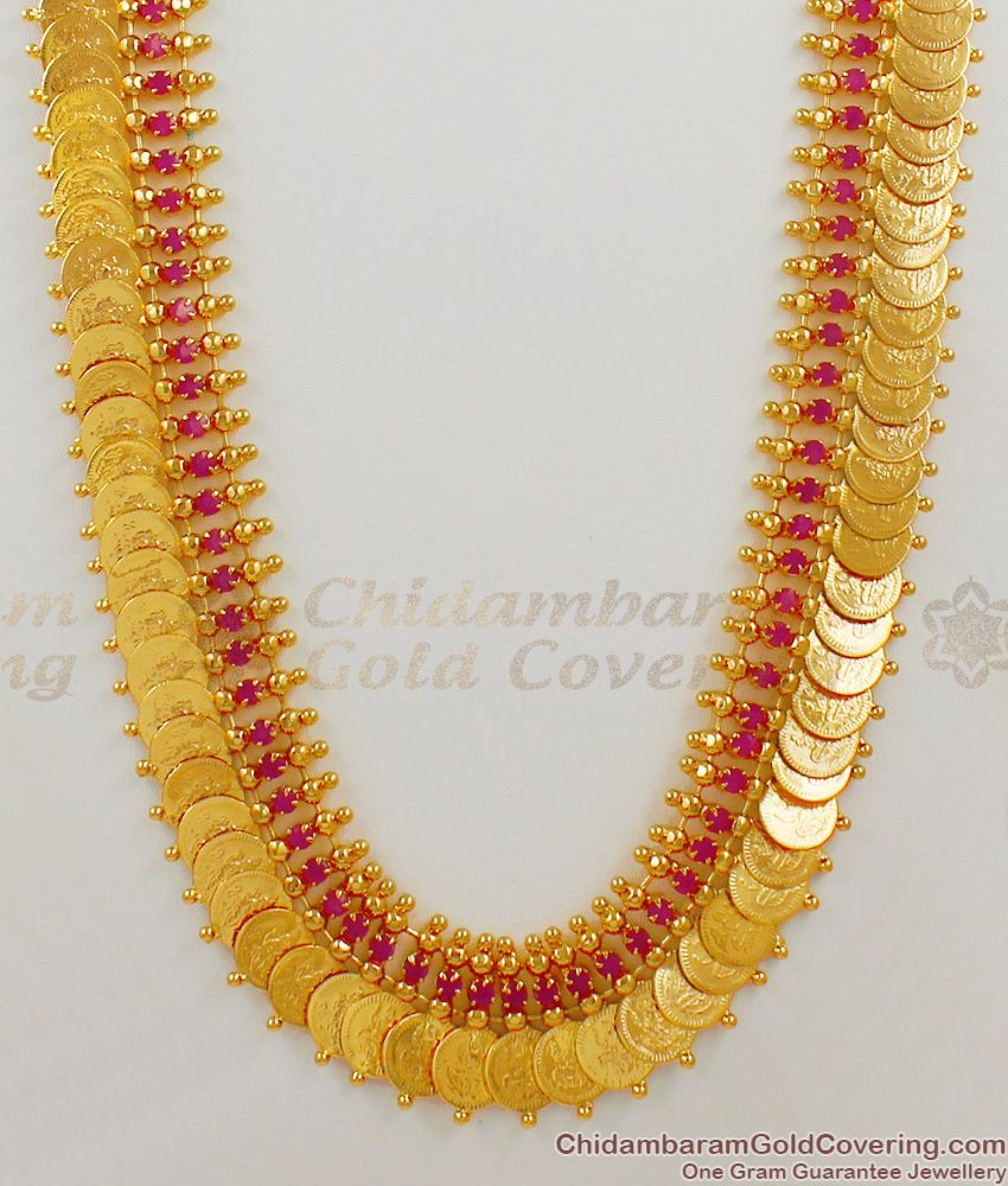 Latest One Gram Gold Plated Kasu Malai Haaram With Ruby Stones Design ...