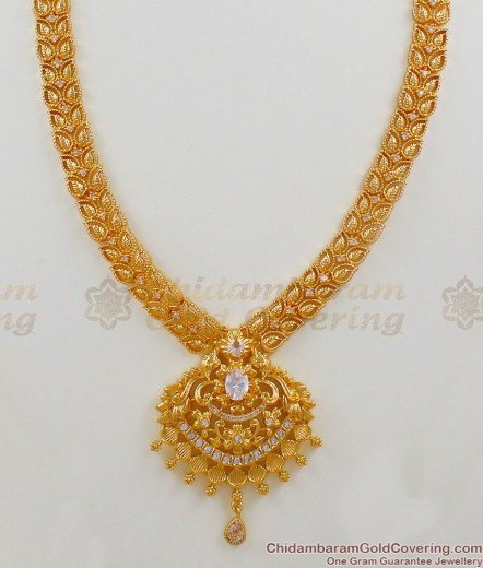 Fancy Model Gold Bridal Haram With White Stone Jewelry For Ladies HR1518