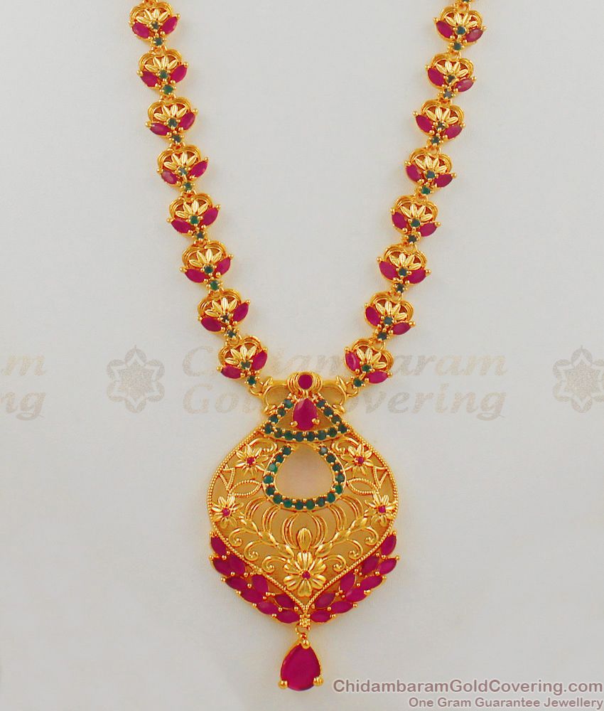 Grand Sparkling Full Ruby Emerald Gold Haaram Bridal Jewelry HR1555