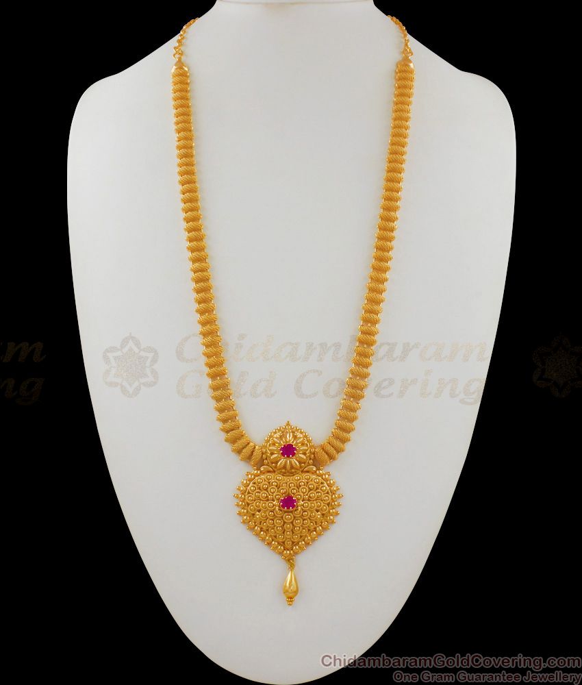 Grand Kerala Model Ruby Stone Gold Net Pattern Regular Haram Jewelry HR1562