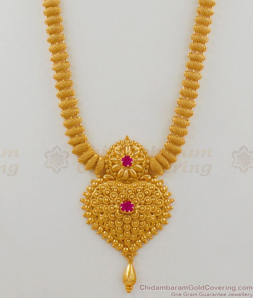 Grand Kerala Model Ruby Stone Gold Net Pattern Regular Haram Jewelry HR1562