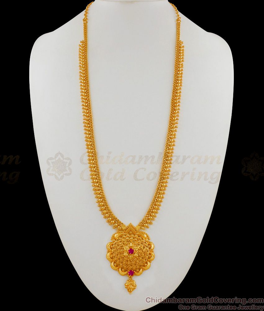 Gold Beaded Chain Ruby Stone One Gram Gold Regular Haram Jewelry HR1564