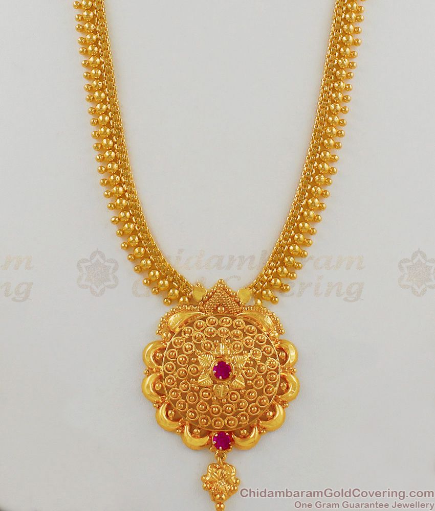 Gold Beaded Chain Ruby Stone One Gram Gold Regular Haram Jewelry HR1564