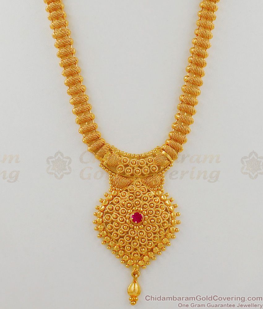 Light Weight Kerala Model Ruby Stone Gold Net Pattern Regular Haram HR1570