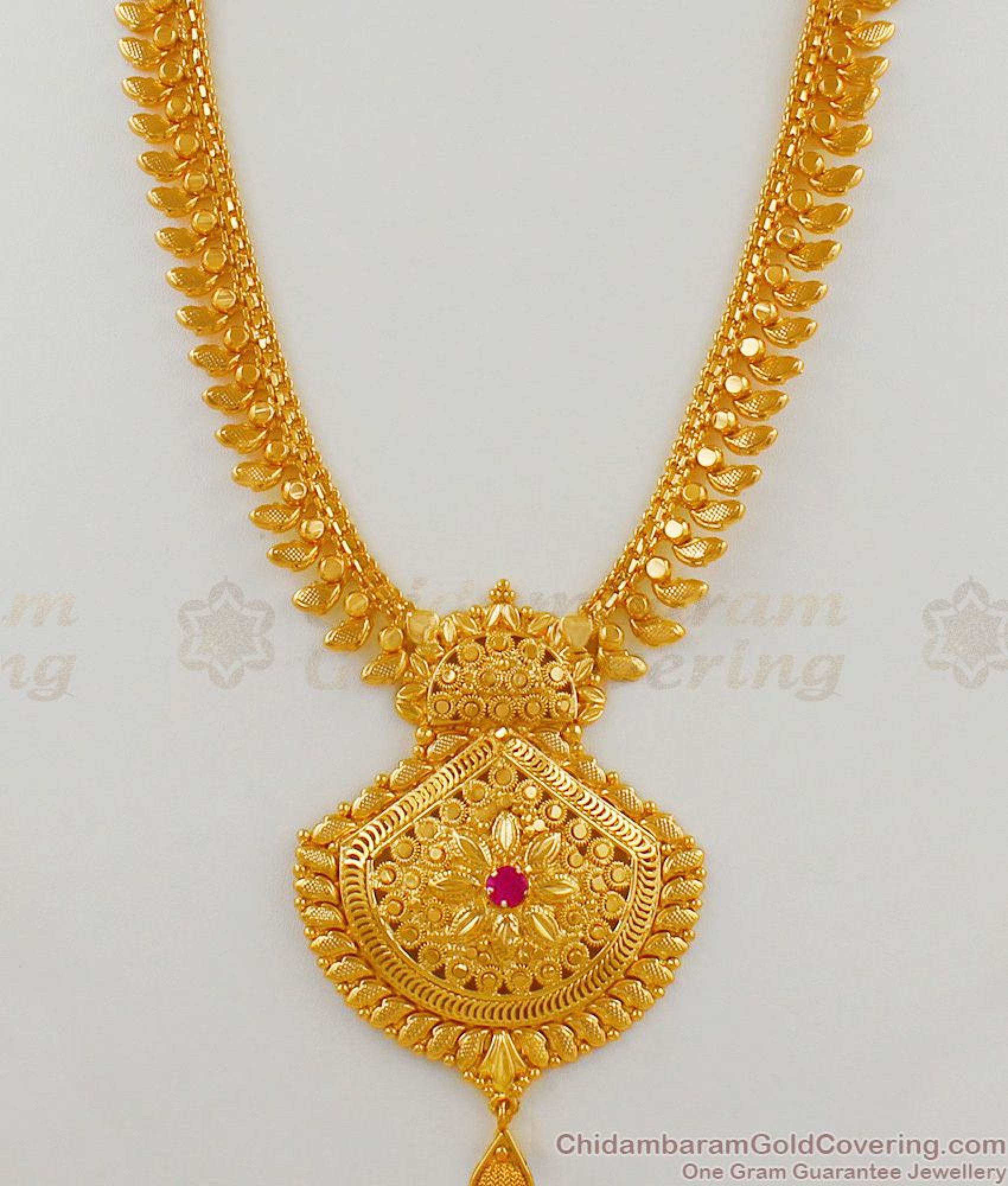 Single Ruby Mullai Leaf Haram Kerala Pattern Gold Plated Bridal Jewelry ...