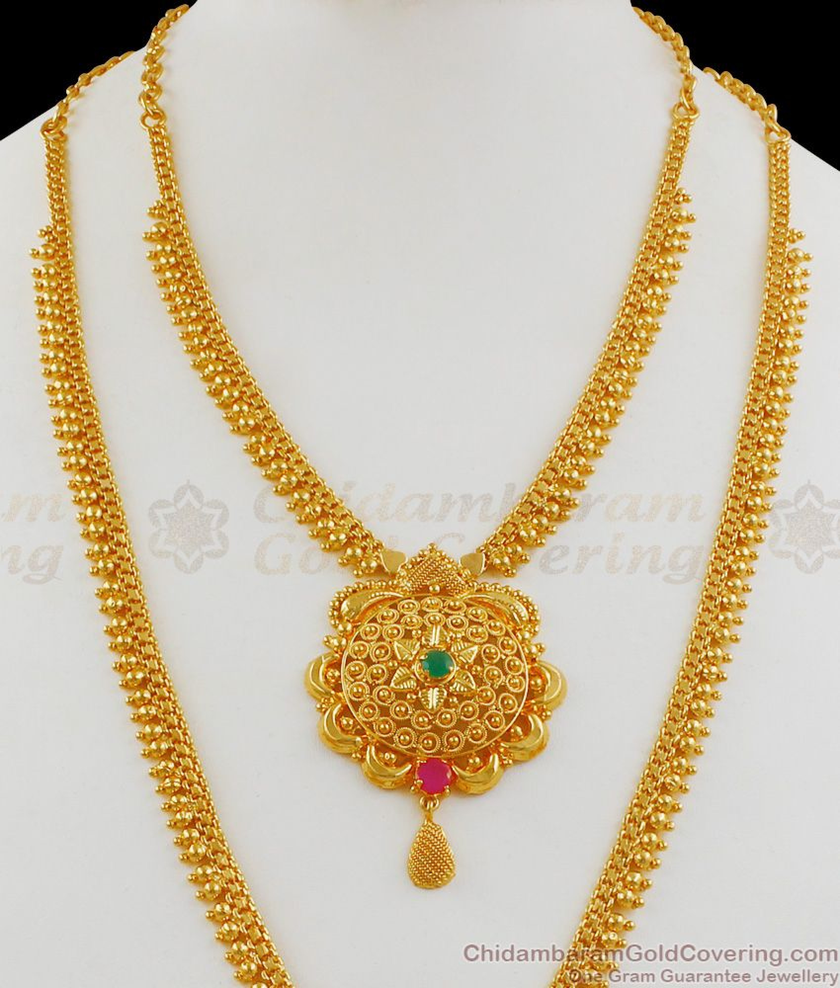 Buy Imitation Grand Ruby And Emerald Stone Bridal Gold Haram Necklace ...