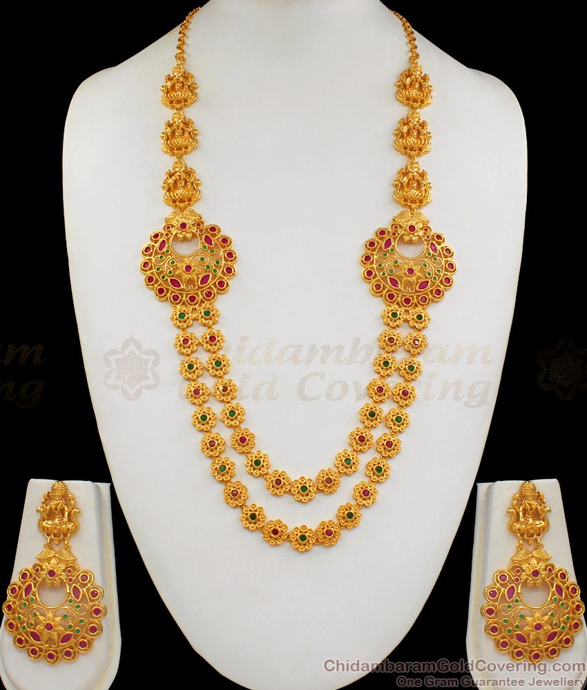 Premium Quality Lakshmi Design Gold Haaram Multi Colour Stone Jewelry With Earing HR1693