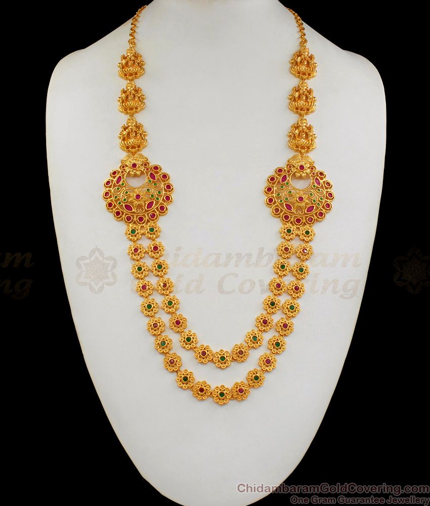 Premium Quality Lakshmi Design Gold Haaram Multi Colour Stone Jewelry With Earing HR1693