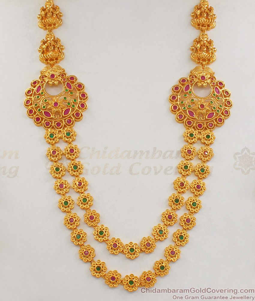 Premium Quality Lakshmi Design Gold Haaram Multi Colour Stone Jewelry With Earing HR1693