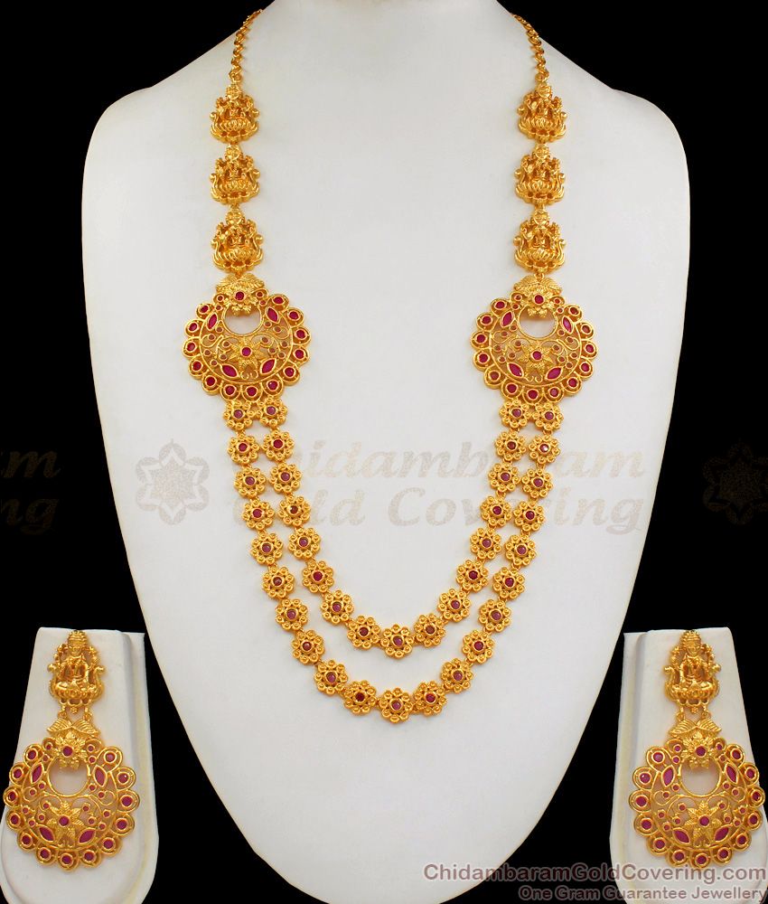 Premium Quality Lakshmi Design Gold Haaram Ruby Stone Jewelry With Earing HR1709