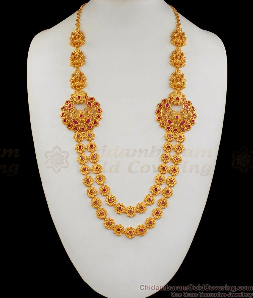 Premium Quality Lakshmi Design Gold Haaram Ruby Stone Jewelry With Earing HR1709