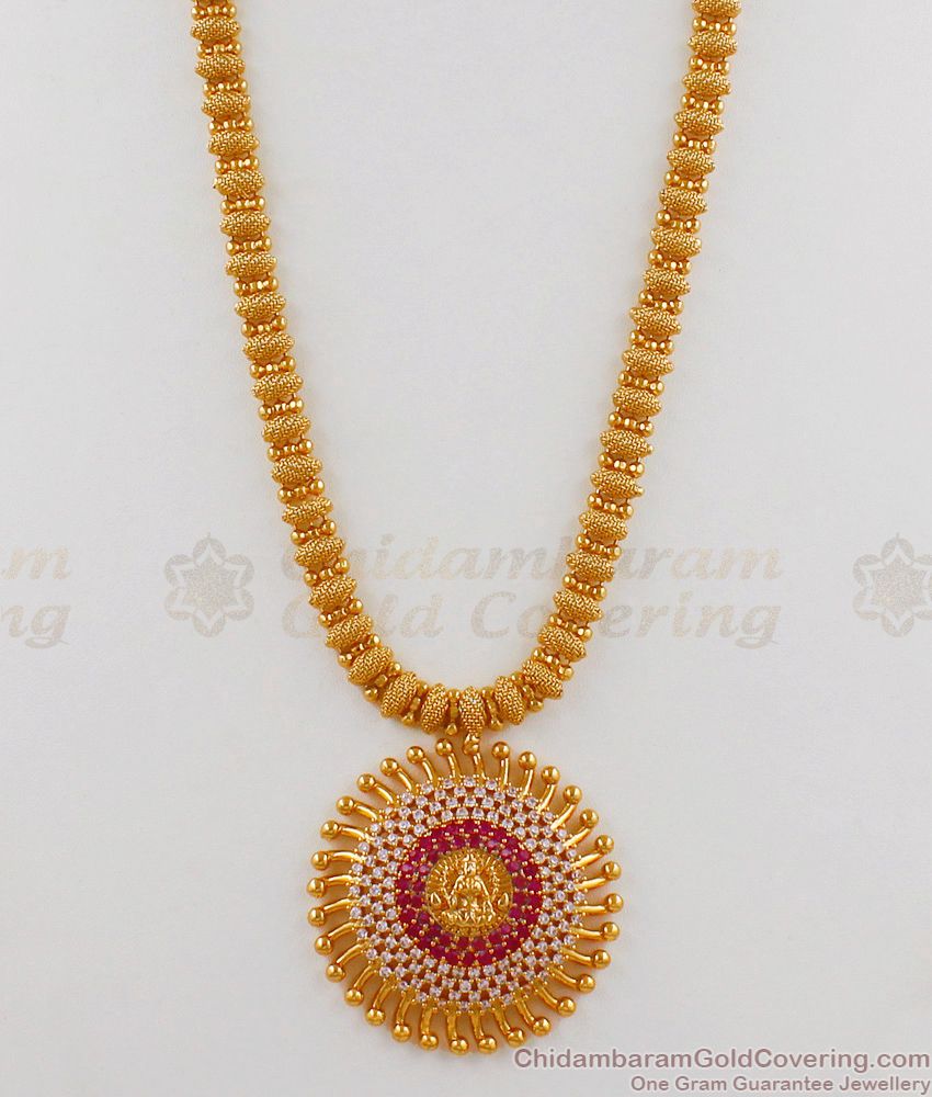 Latest Lakshmi Gold Haaram With Ruby And AD White Stone Design HR1982