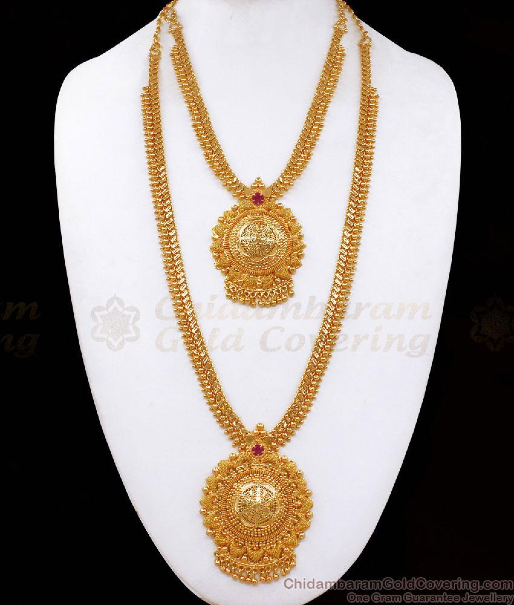 Elegant Kerala Gold Plated Haram Necklace Combo Ruby Stone Mullaipoo ...