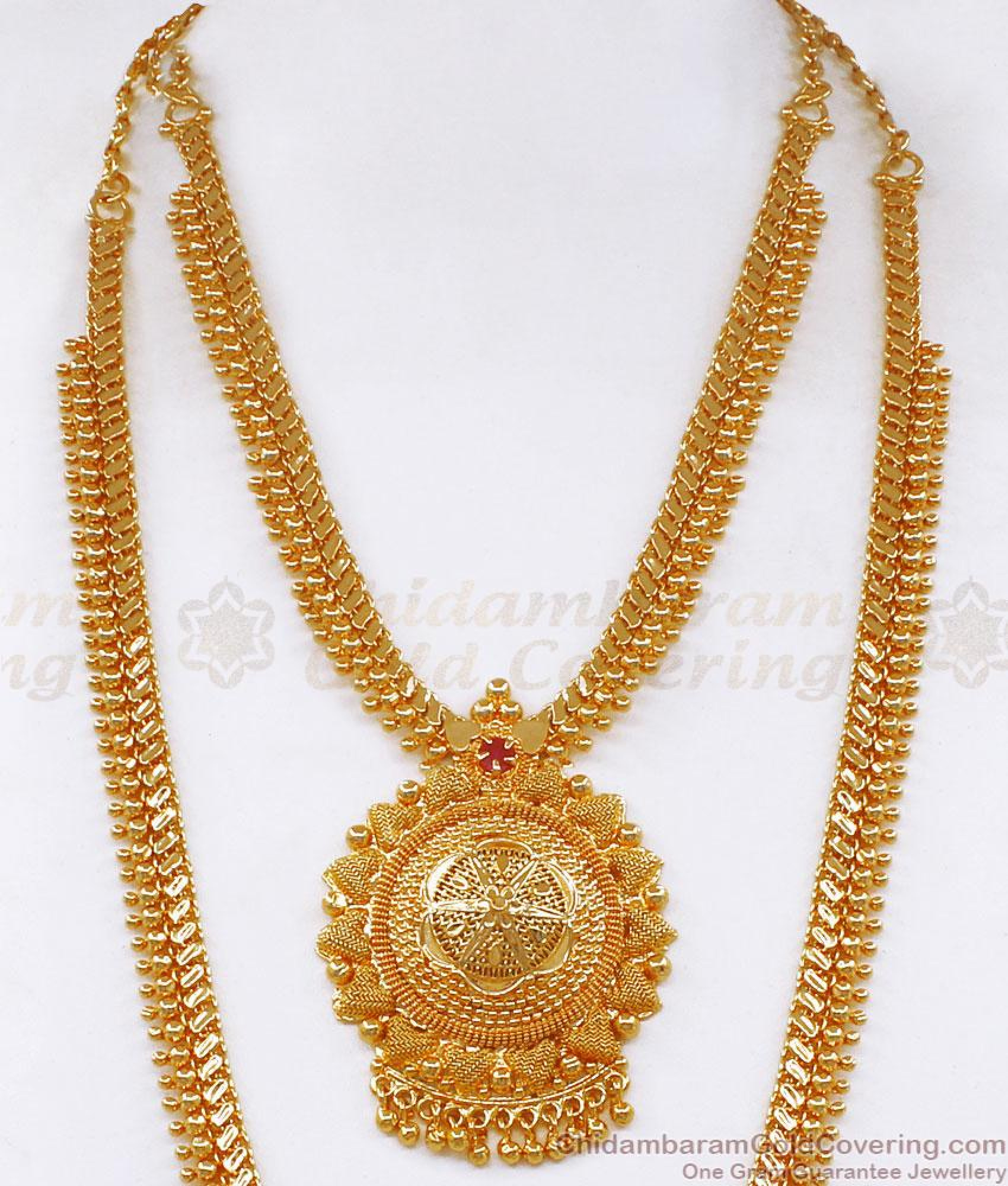 Elegant Kerala Gold Plated Haram Necklace Combo Ruby Stone Mullaipoo ...