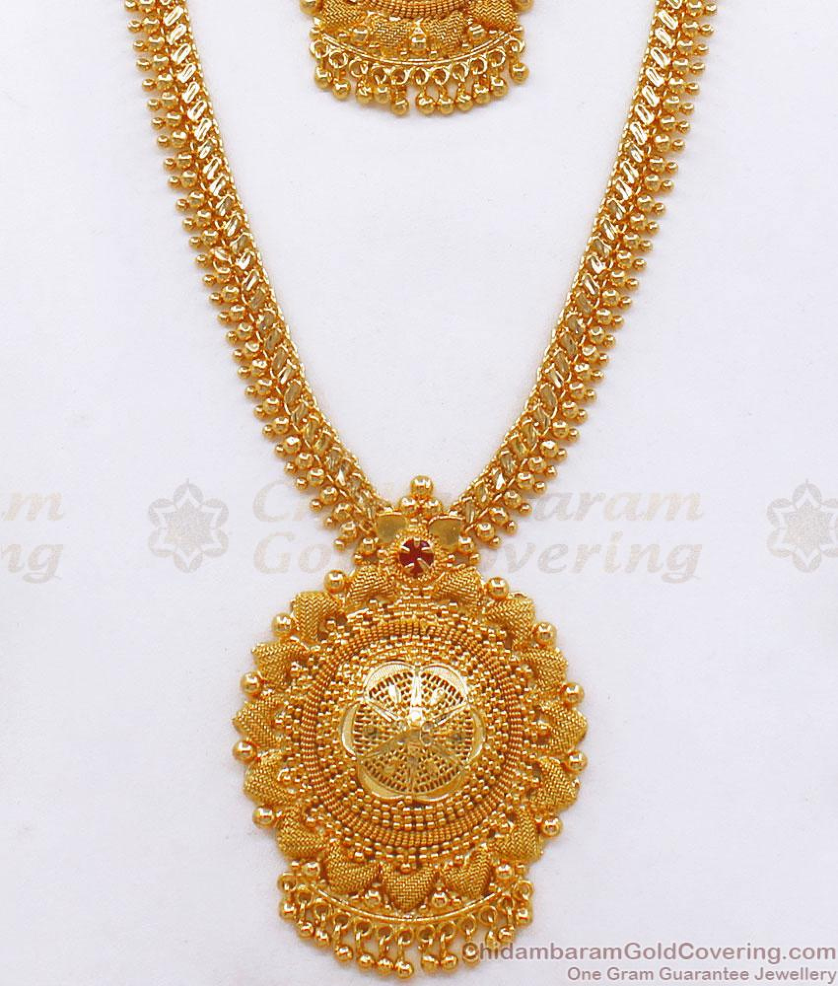 Elegant Kerala Gold Plated Haram Necklace Combo Ruby Stone Mullaipoo ...