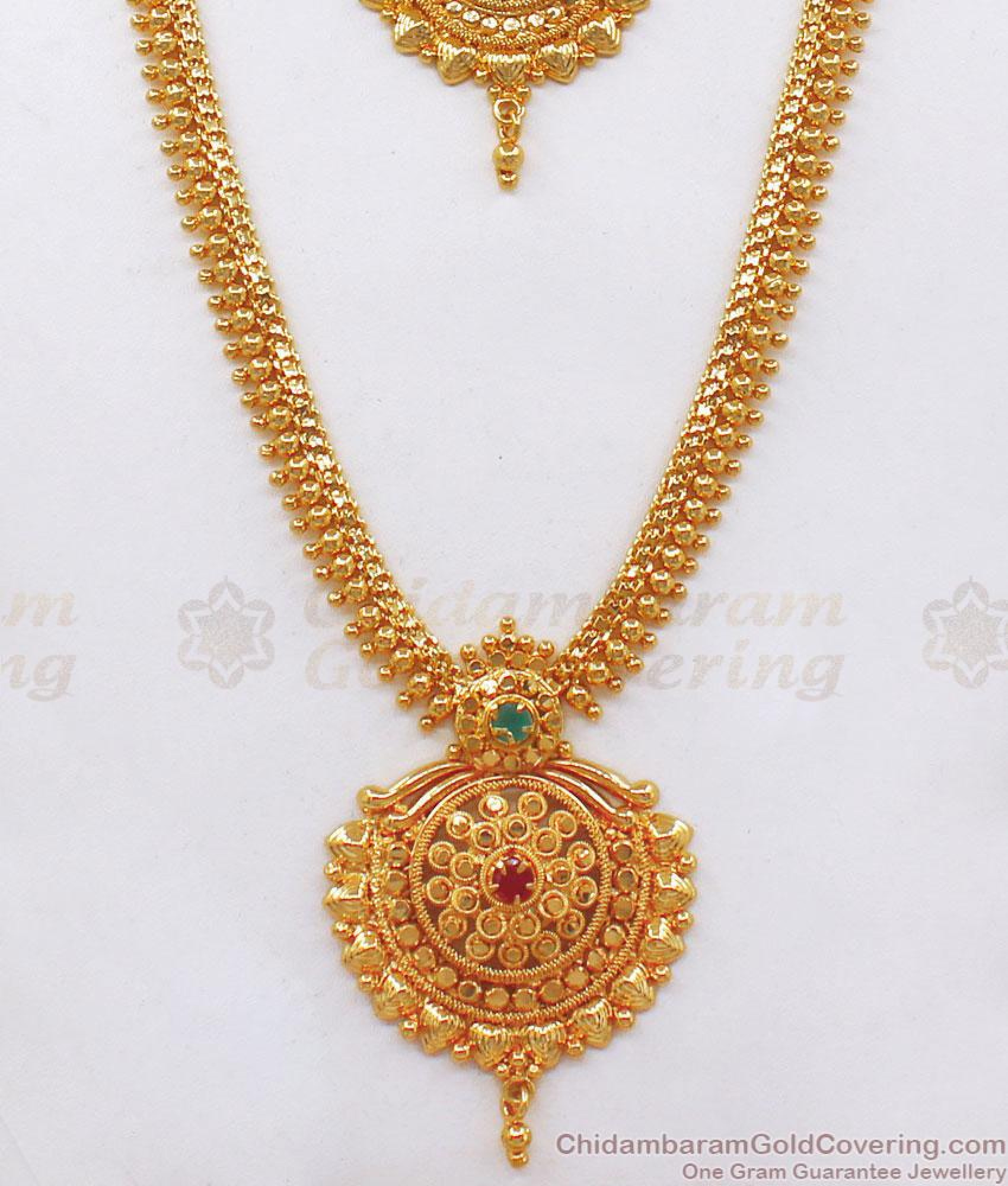 Kerala Gold Tone Haram Necklace Beads Design Ruby Green Stone ...