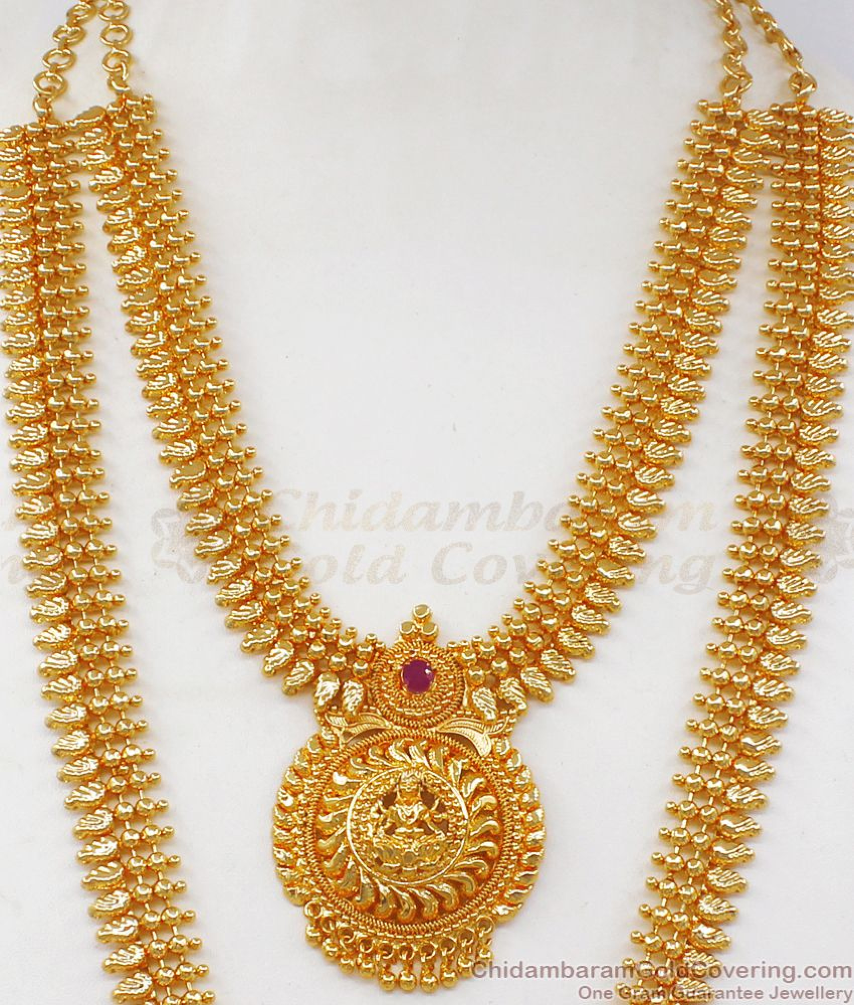 Devotional Long Gold Haram Necklace Combo With Ruby Stone HR2026