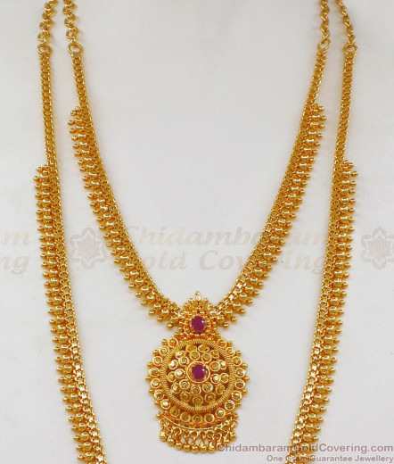 Haaram and Necklace Combo Sets, Long Kasu Malai, Ruby Stone Gold Plated ...