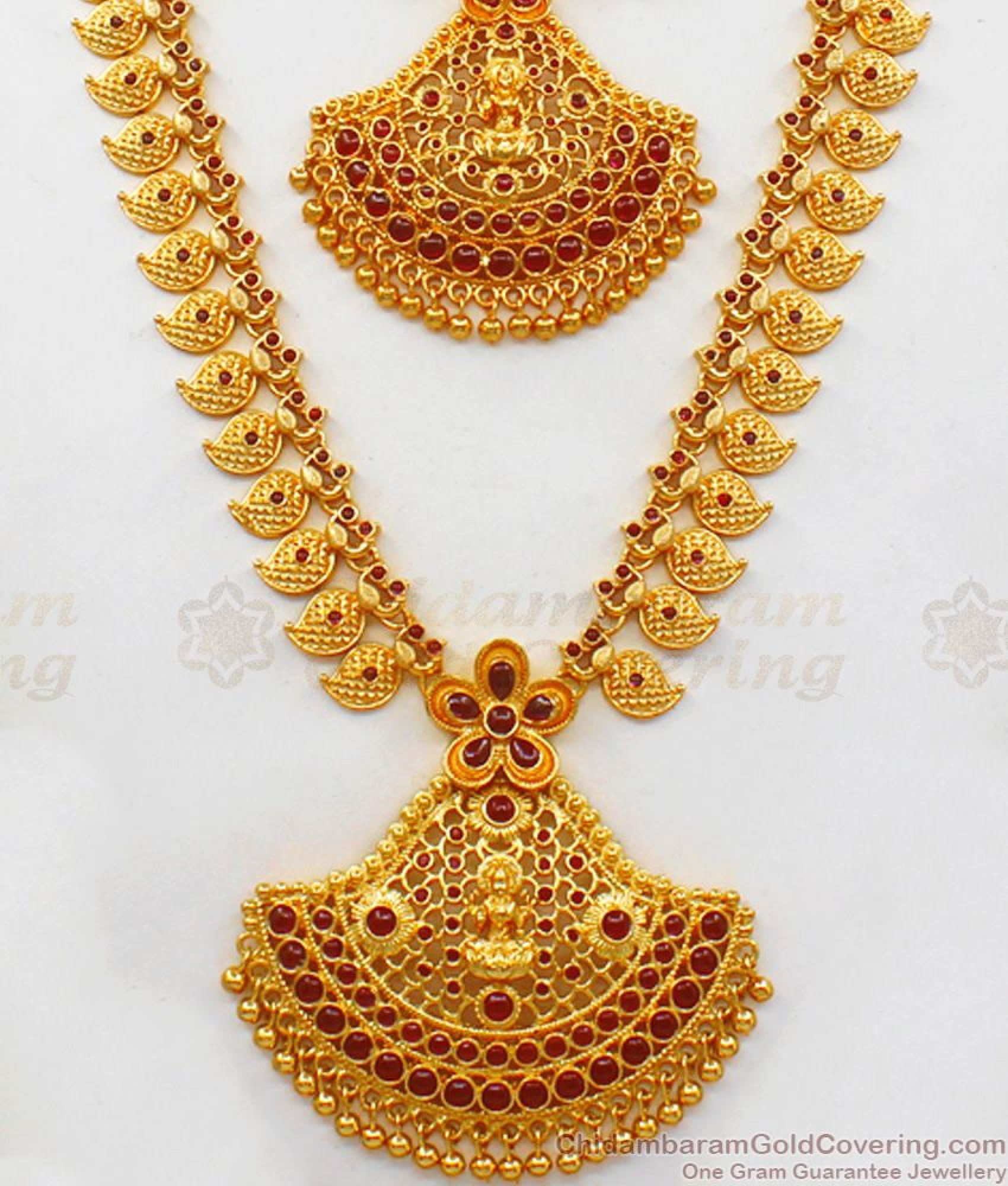 Premium Kemp Stone Mango Design Lakshmi Gold Haram Combo Bridal ...