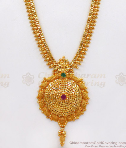 Eye Catchy Ruby Emerald Stone Party Wear Gold Multiline Pattern Haram ...