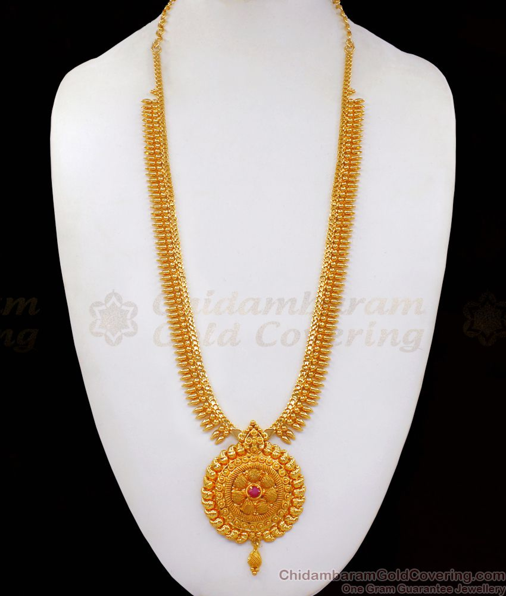 Single Ruby Stone One Gram Gold Long Haram Bridal Wear HR2089