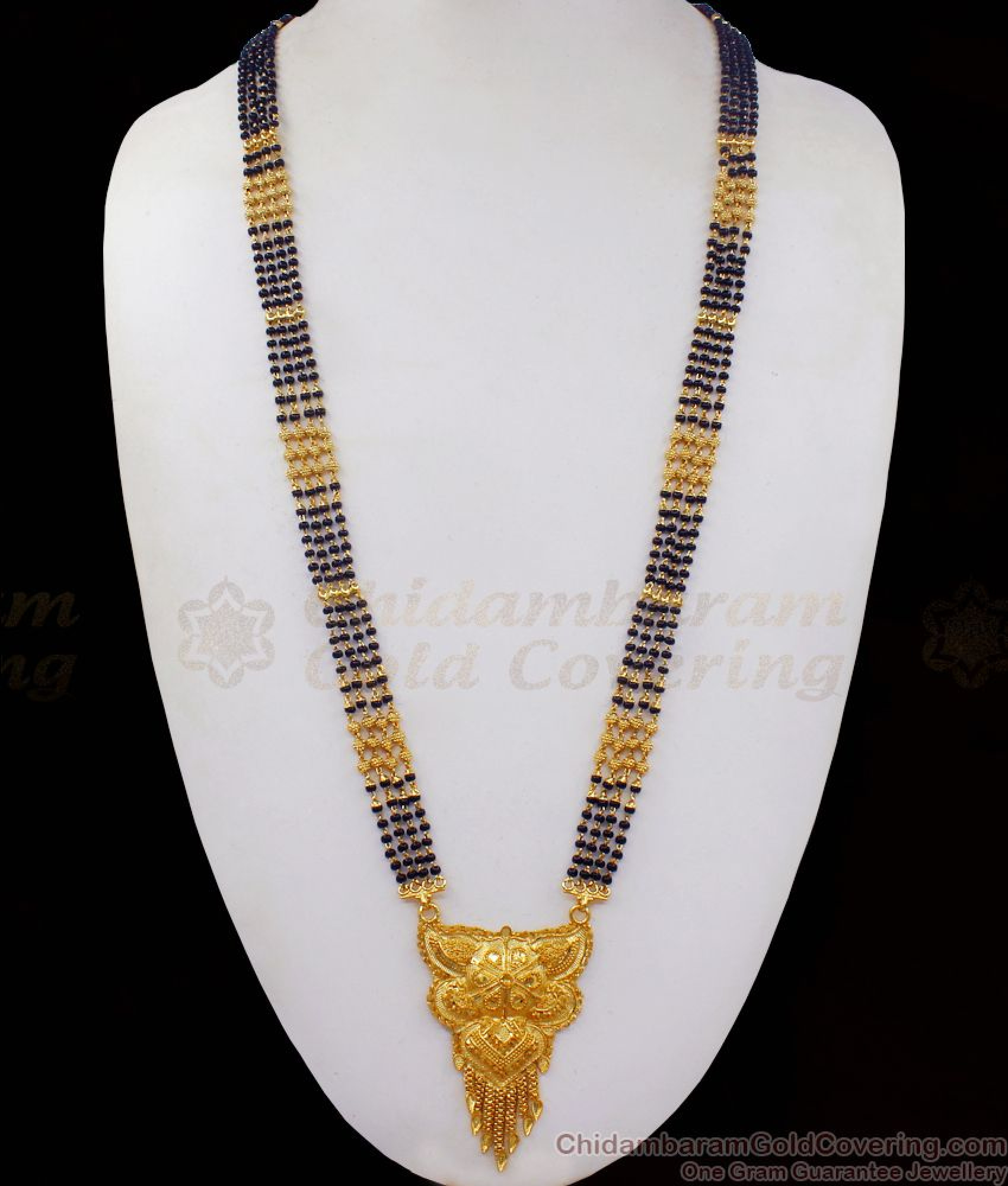 Traditional Four Line Forming Gold Black Beads Mangalsutra Long Chain ...