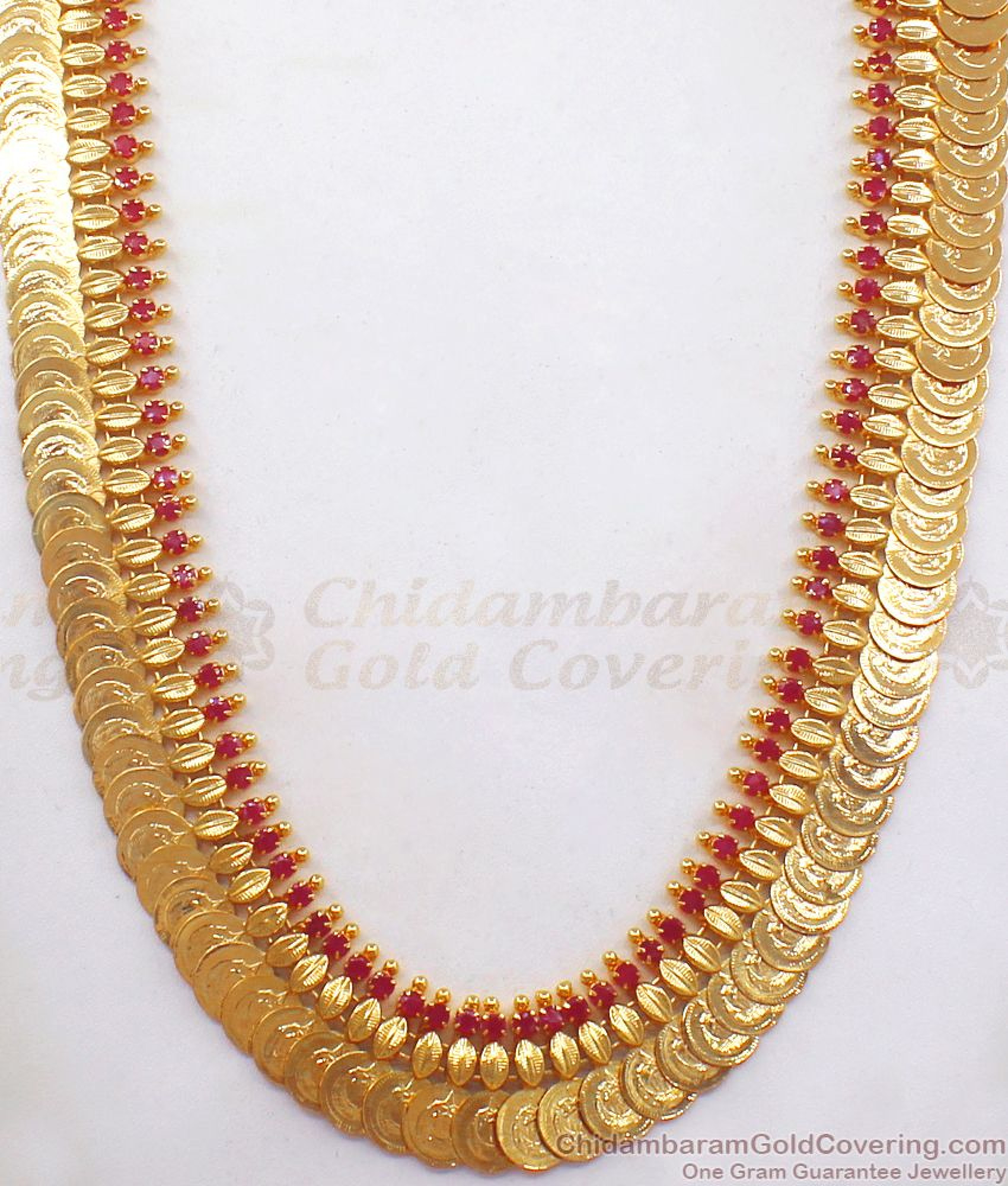 24K Pure Gold Haaram Islamic Kaasu Malai Moon Pirai Design Ruby Stone