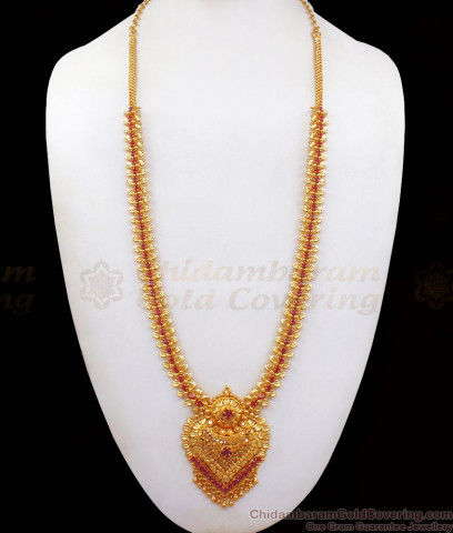 Unique 1 Gram Gold Haaram Design Ruby Stone Gold Beaded Pattern HR2439